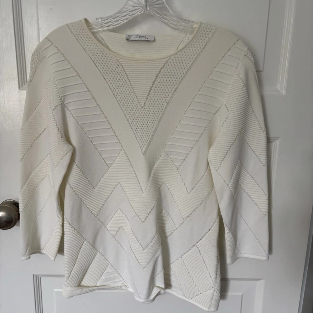 Versace Collection ivory zigzag poly textured 3/4 Slv sweater women size 46/US10 - Picture 2 of 6